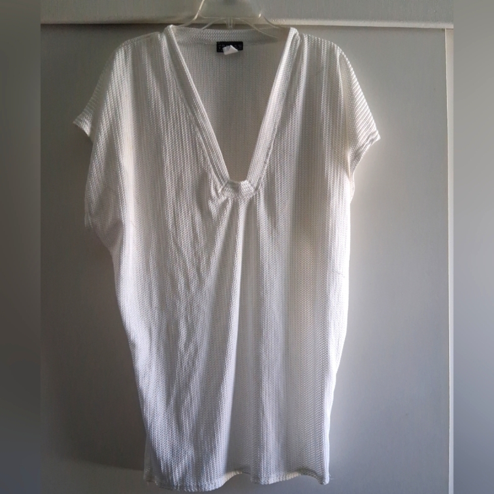 Vintage 90s Y2K Knit Swimsuit Cover Up White Pullover Beach Resortwear M